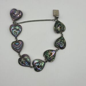 925 Sterling Silver 7in Heart Shaped Abalone Bracelet Vintage Gift Jewelry